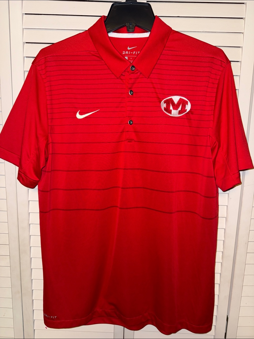 Nike Red Men's Dri-FIT Polo with Embroidered M and Swoosh
